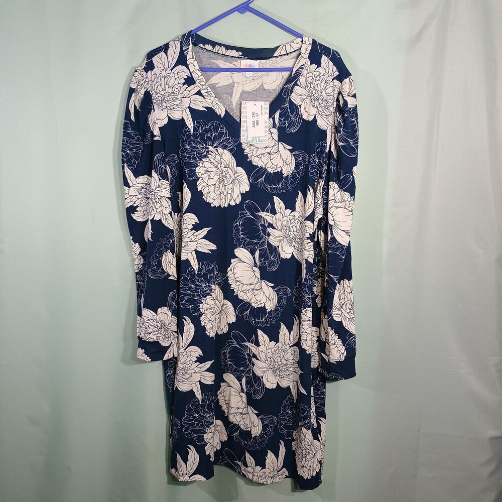 LuLaRoe Women’s Navy Blue Floral Dress – Long Sleeve V-Neck A-Line Dress